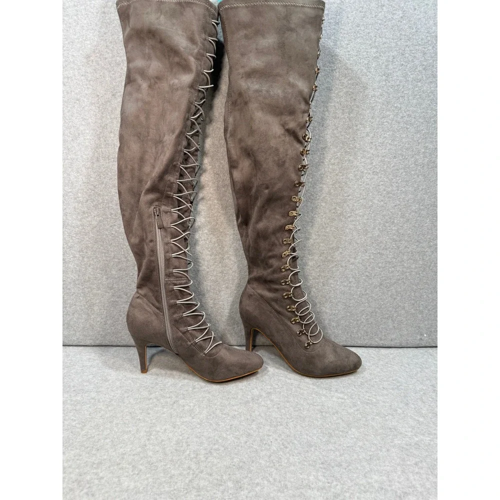 Gray Suede Wide-Calf Lace-Up Over The Knee Boots Size 8 OTK Heels Pointed‎ Toe